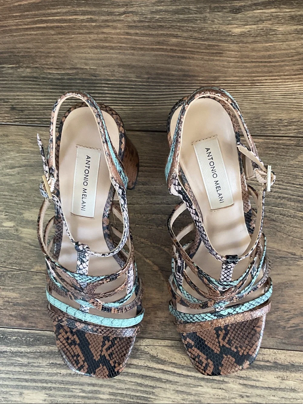 ANTONIO MELANI Brown Snakeskin Strappy Block Heel Sandals 7M